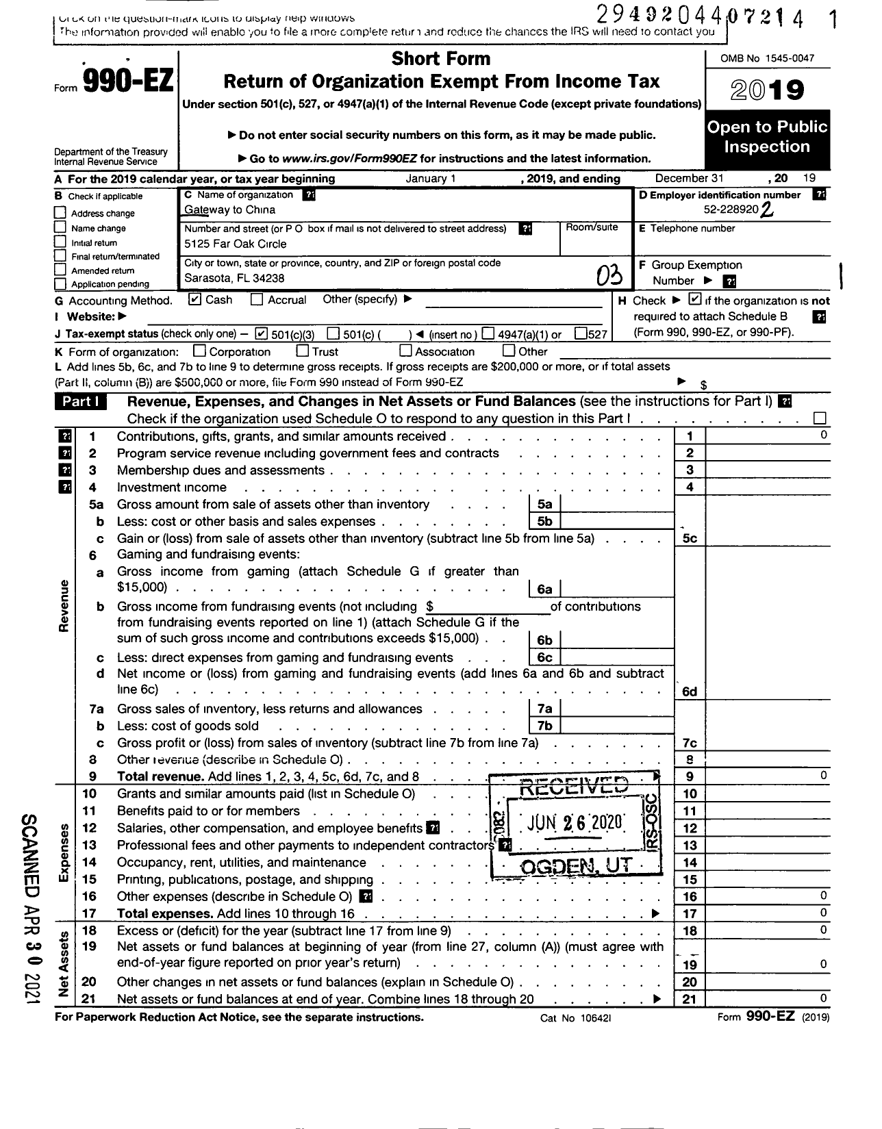 Image of first page of 2019 Form 990EZ for Gateway To China