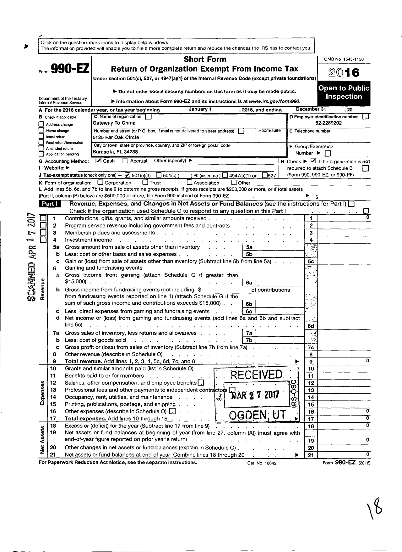 Image of first page of 2016 Form 990EZ for Gateway To China