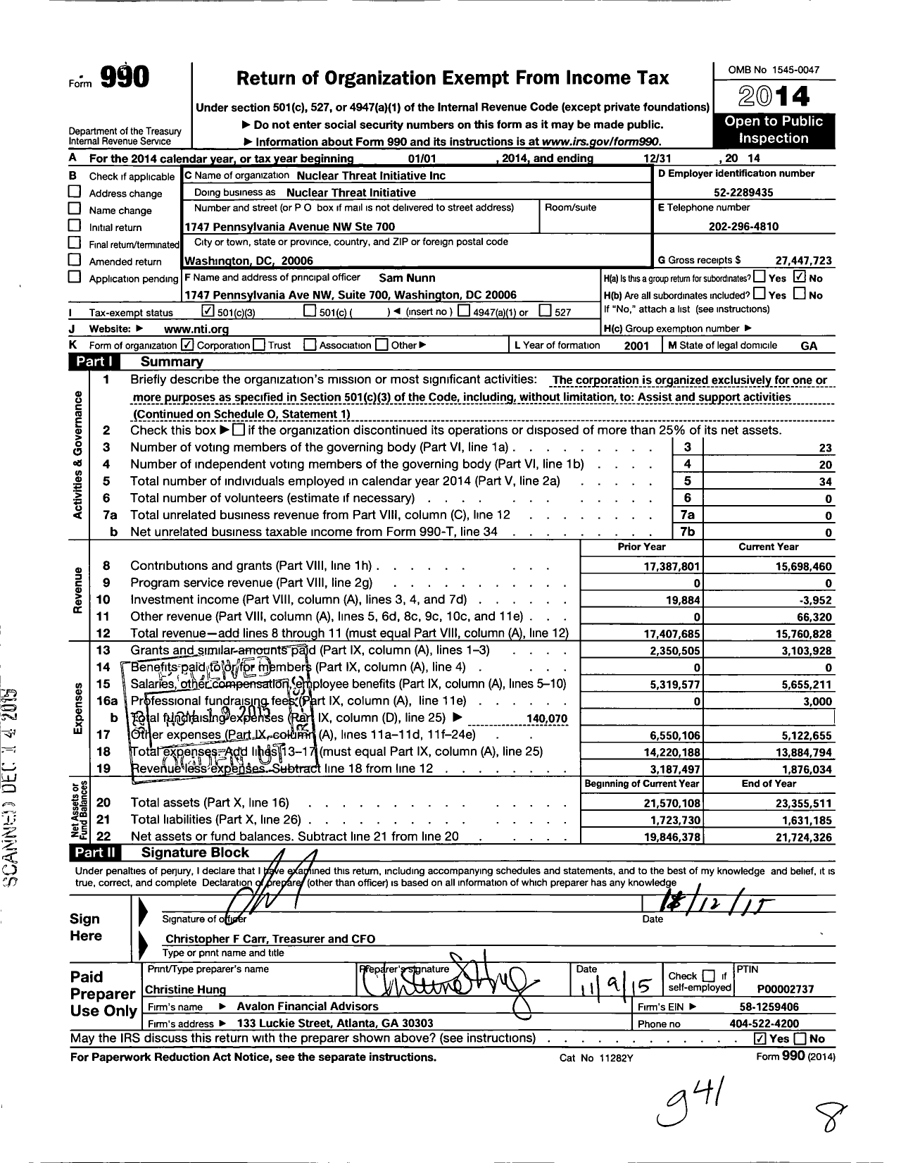 Image of first page of 2014 Form 990 for Nuclear Threat Initiative