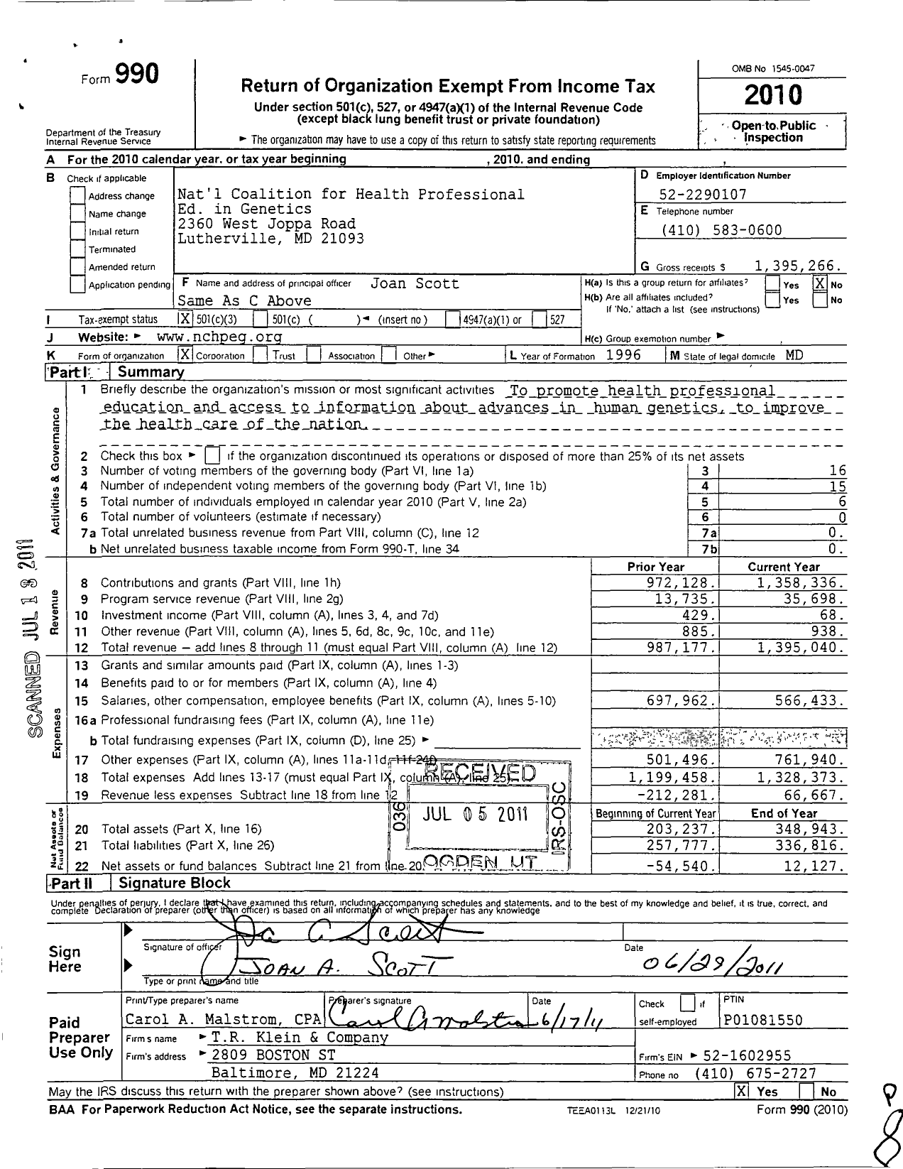 Image of first page of 2010 Form 990 for National Coalition for Health Professional Educ in Genetics