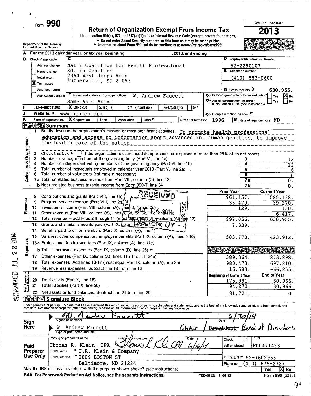 Image of first page of 2013 Form 990 for National Coalition for Health Professional Educ in Genetics