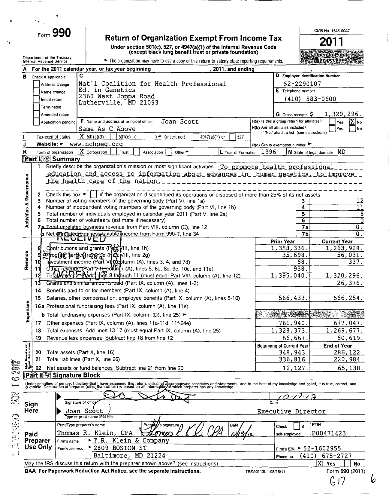 Image of first page of 2011 Form 990 for National Coalition for Health Professional Educ in Genetics