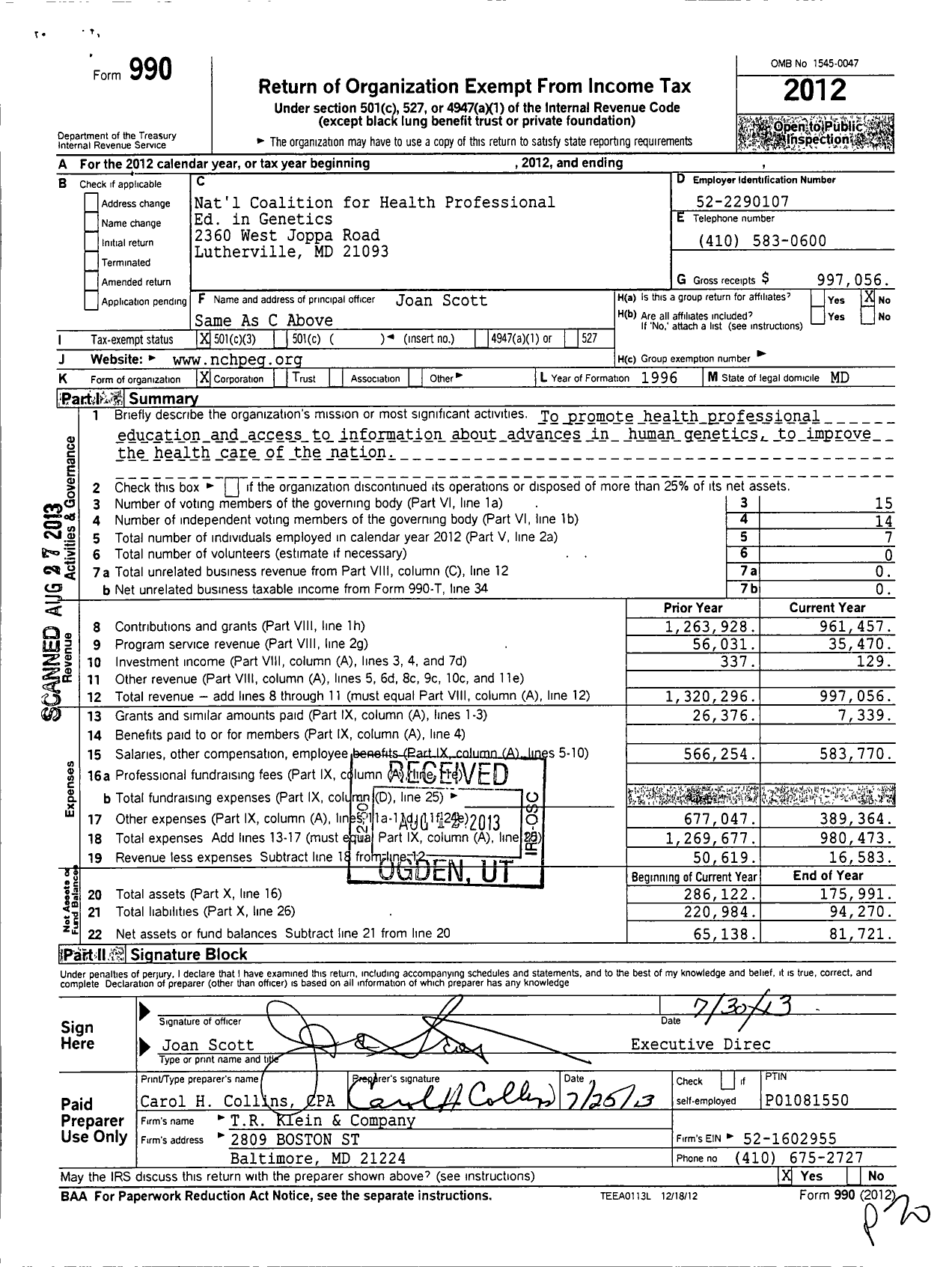 Image of first page of 2012 Form 990 for National Coalition for Health Professional Educ in Genetics