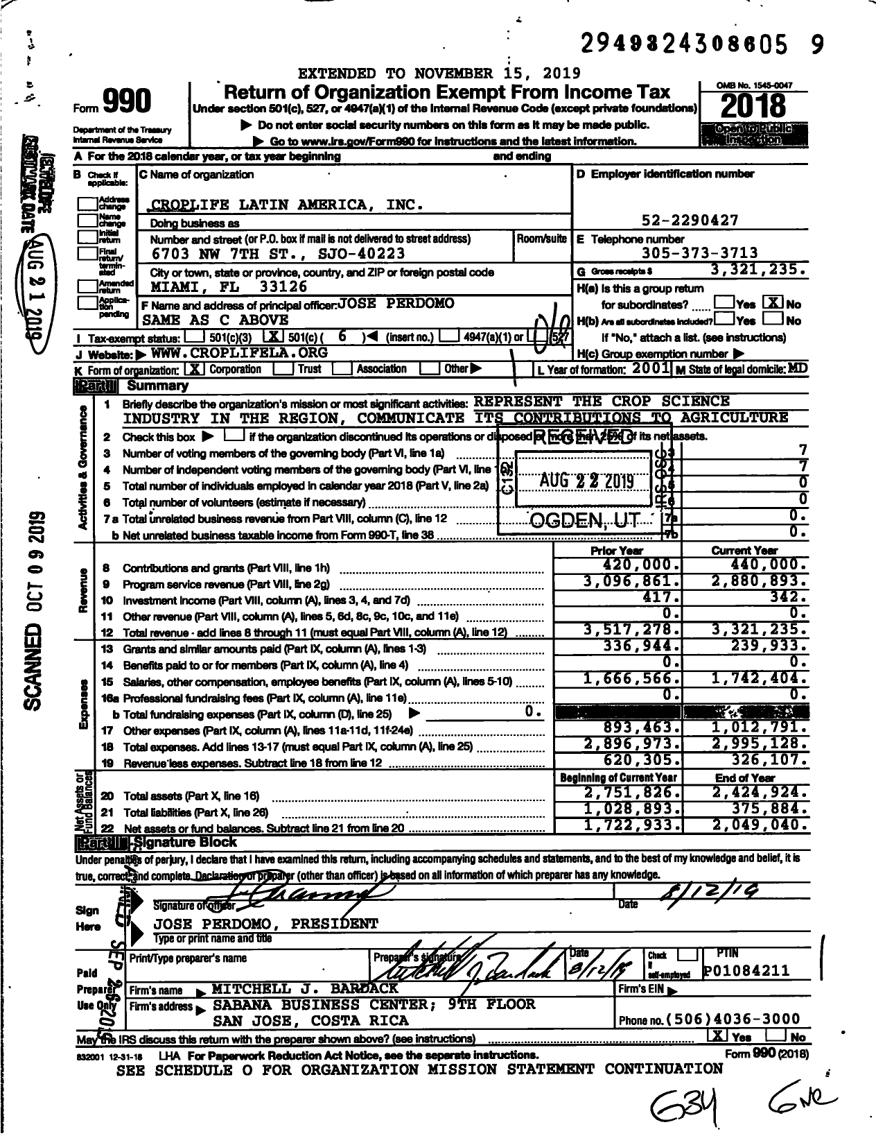 Image of first page of 2018 Form 990O for Croplife Latin America