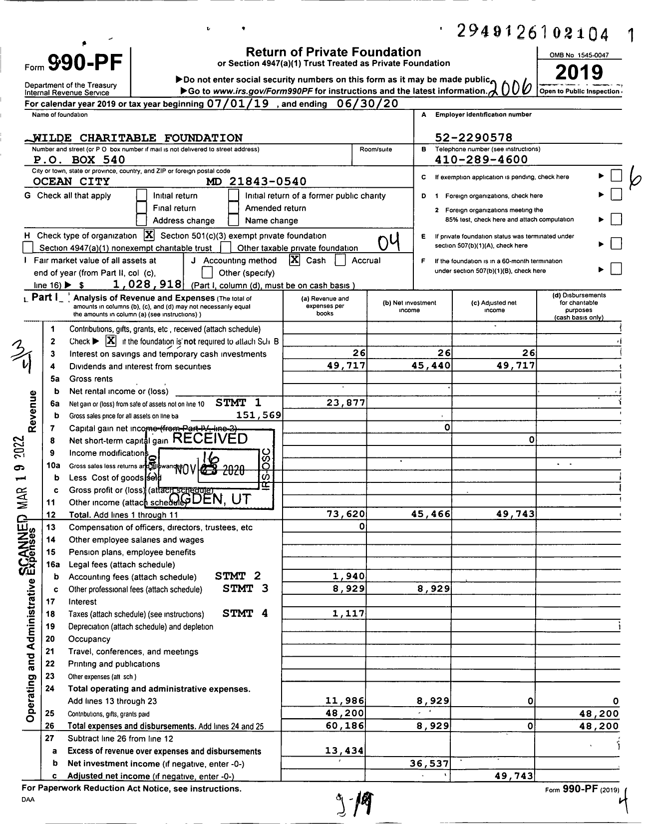 Image of first page of 2019 Form 990PF for Wilde Charitable Foundation