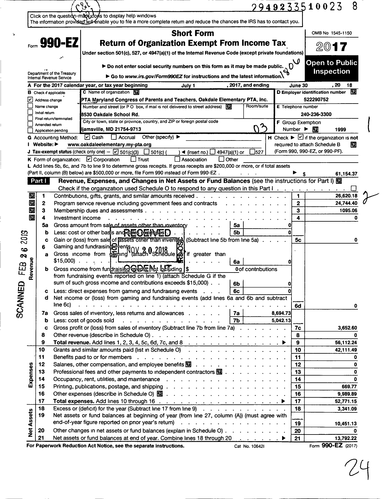 Image of first page of 2017 Form 990EZ for PTA Maryland Congress of Parents and Teachers / Oakdale Elementary PTA