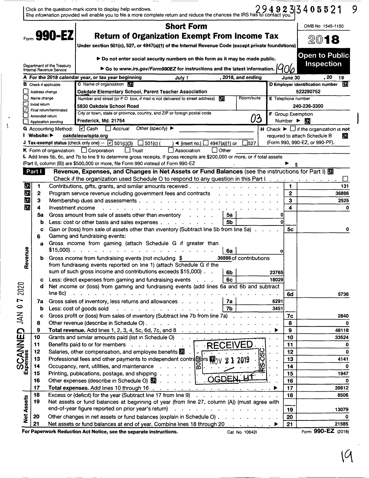 Image of first page of 2018 Form 990EZ for PTA Maryland Congress of Parents and Teachers / Oakdale Elementary PTA