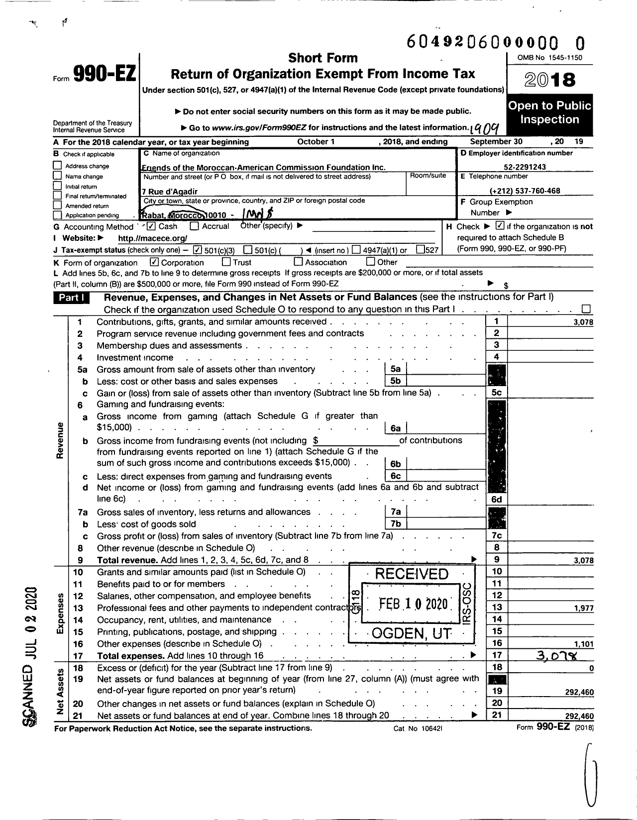 Image of first page of 2018 Form 990EZ for Friends of the Moroccan-American Commission Foundation