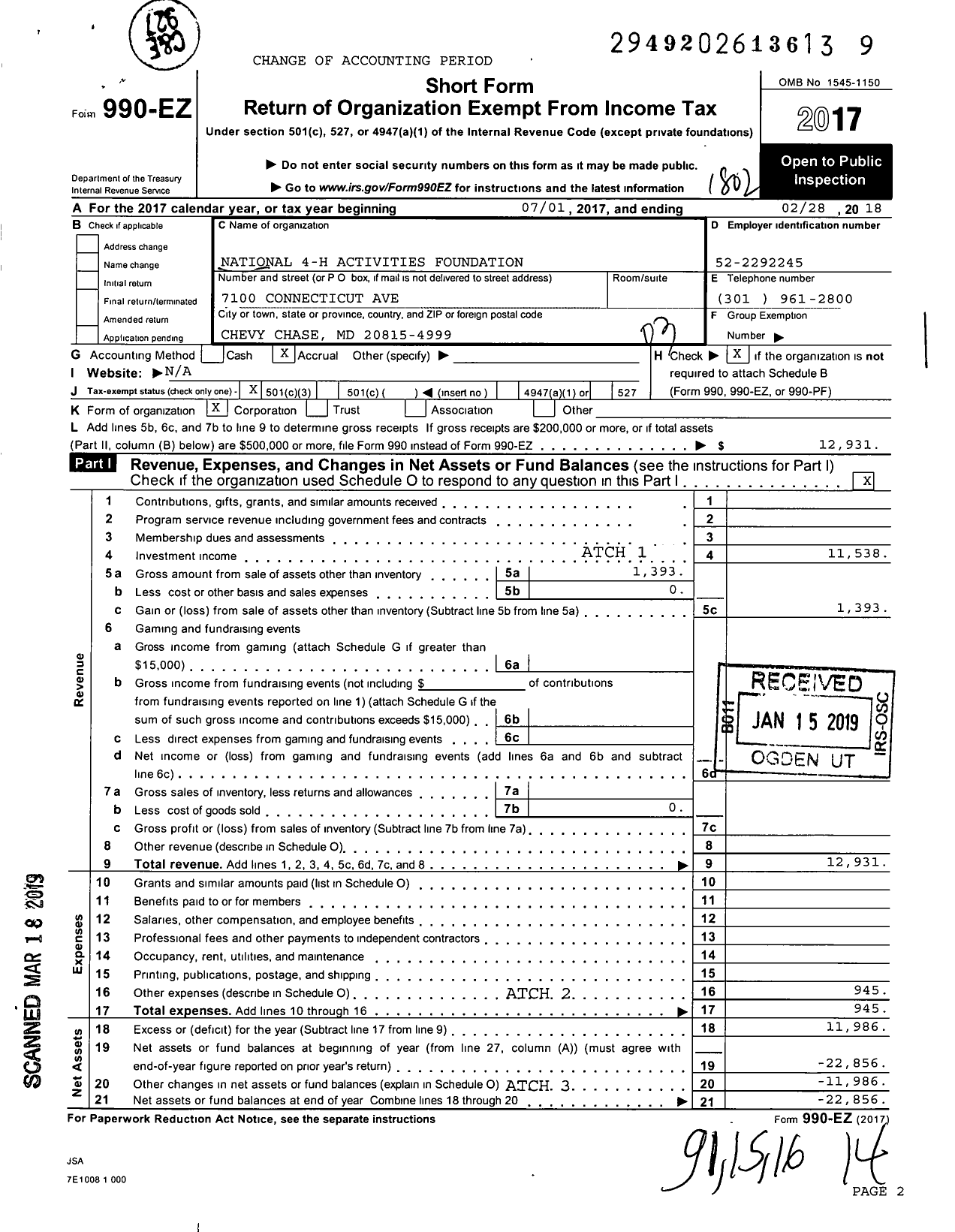 Image of first page of 2017 Form 990EZ for National 4-H Activities Foundation