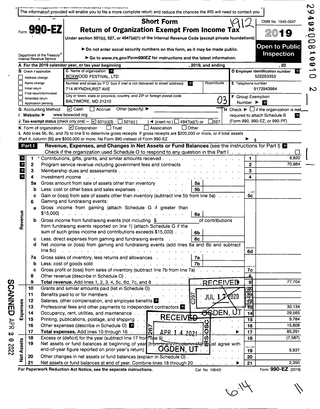 Image of first page of 2019 Form 990EZ for Boxwood Festival