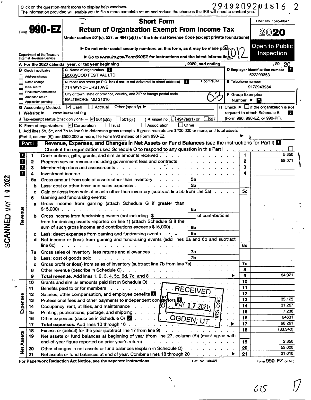 Image of first page of 2020 Form 990EZ for Boxwood Festival