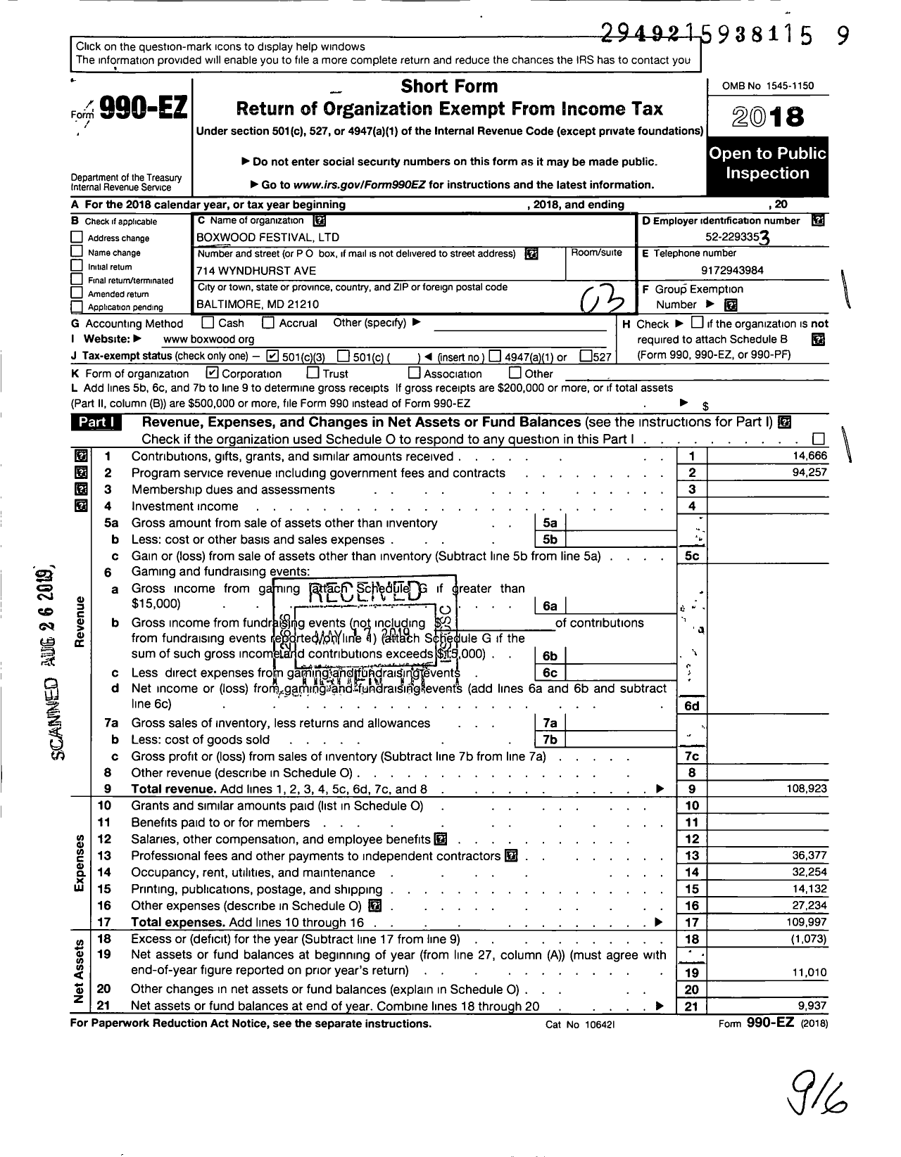 Image of first page of 2018 Form 990EZ for Boxwood Festival