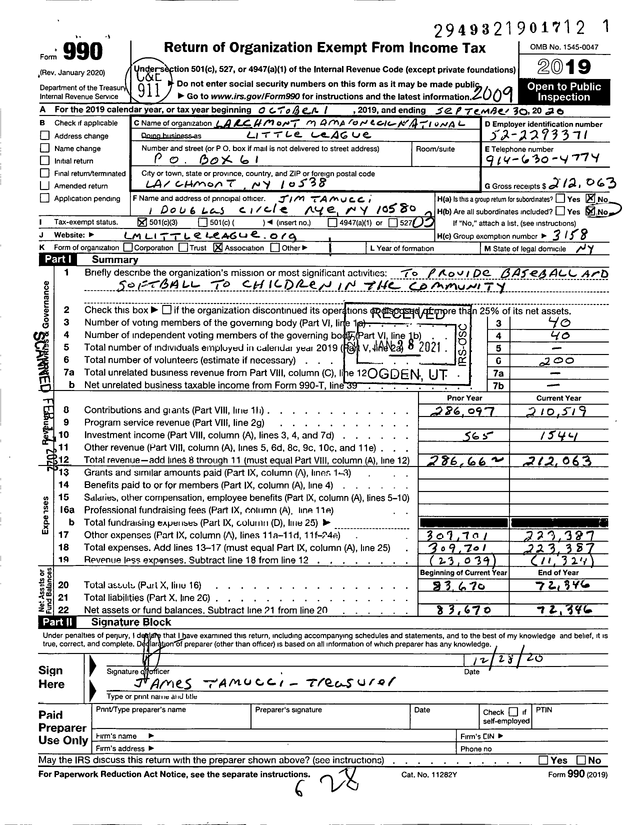 Image of first page of 2019 Form 990 for Little League Baseball - 2322017 Larchmont-Mamaroneck Nat LL