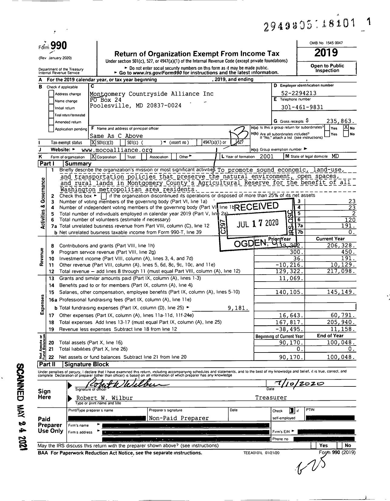 Image of first page of 2019 Form 990 for Montgomery Countryside Alliance