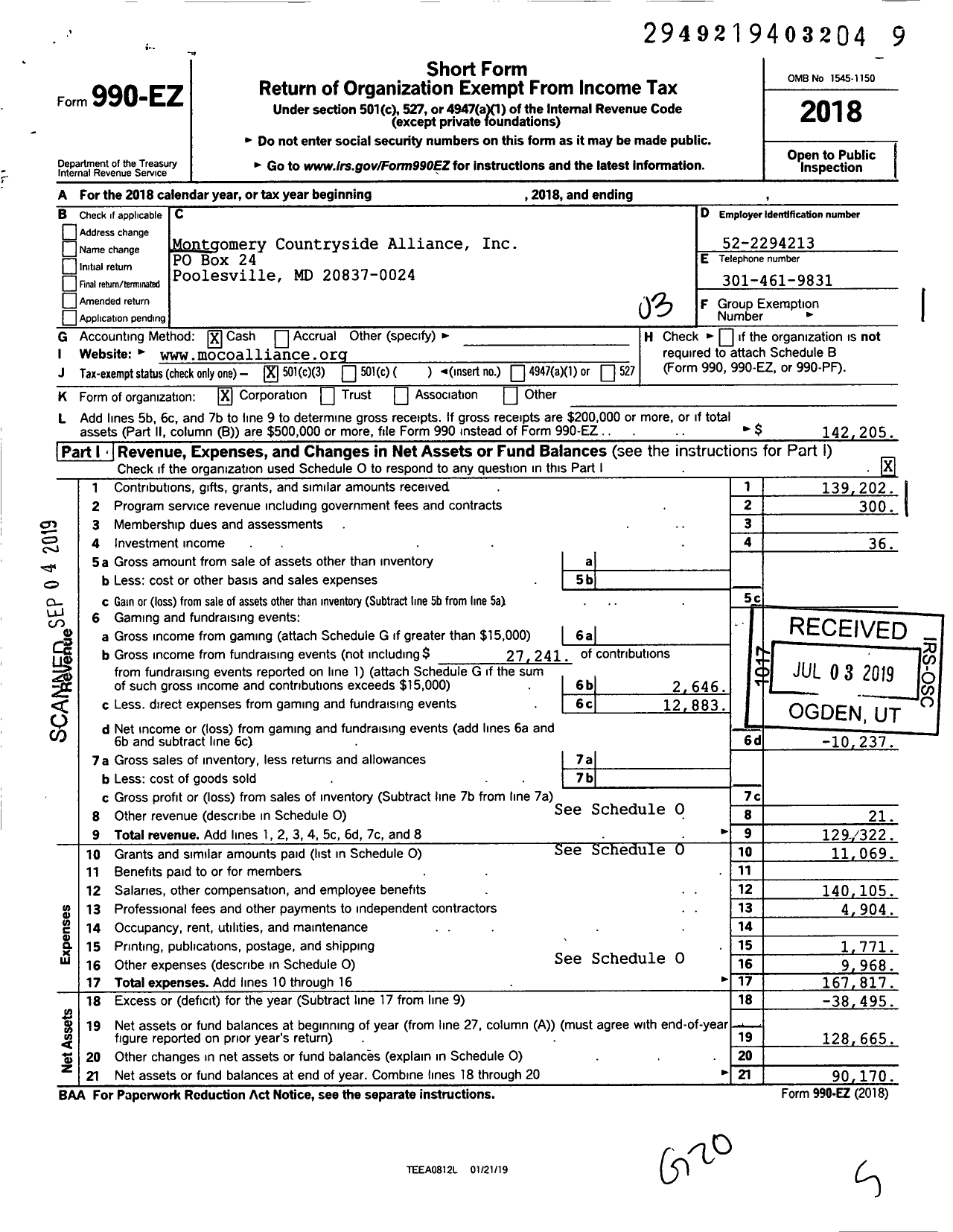 Image of first page of 2018 Form 990EZ for Montgomery Countryside Alliance