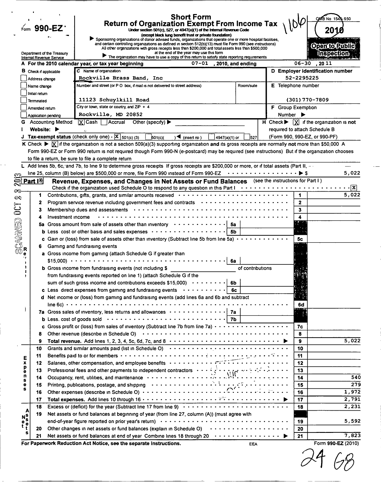 Image of first page of 2010 Form 990EZ for Rockville Brass Band