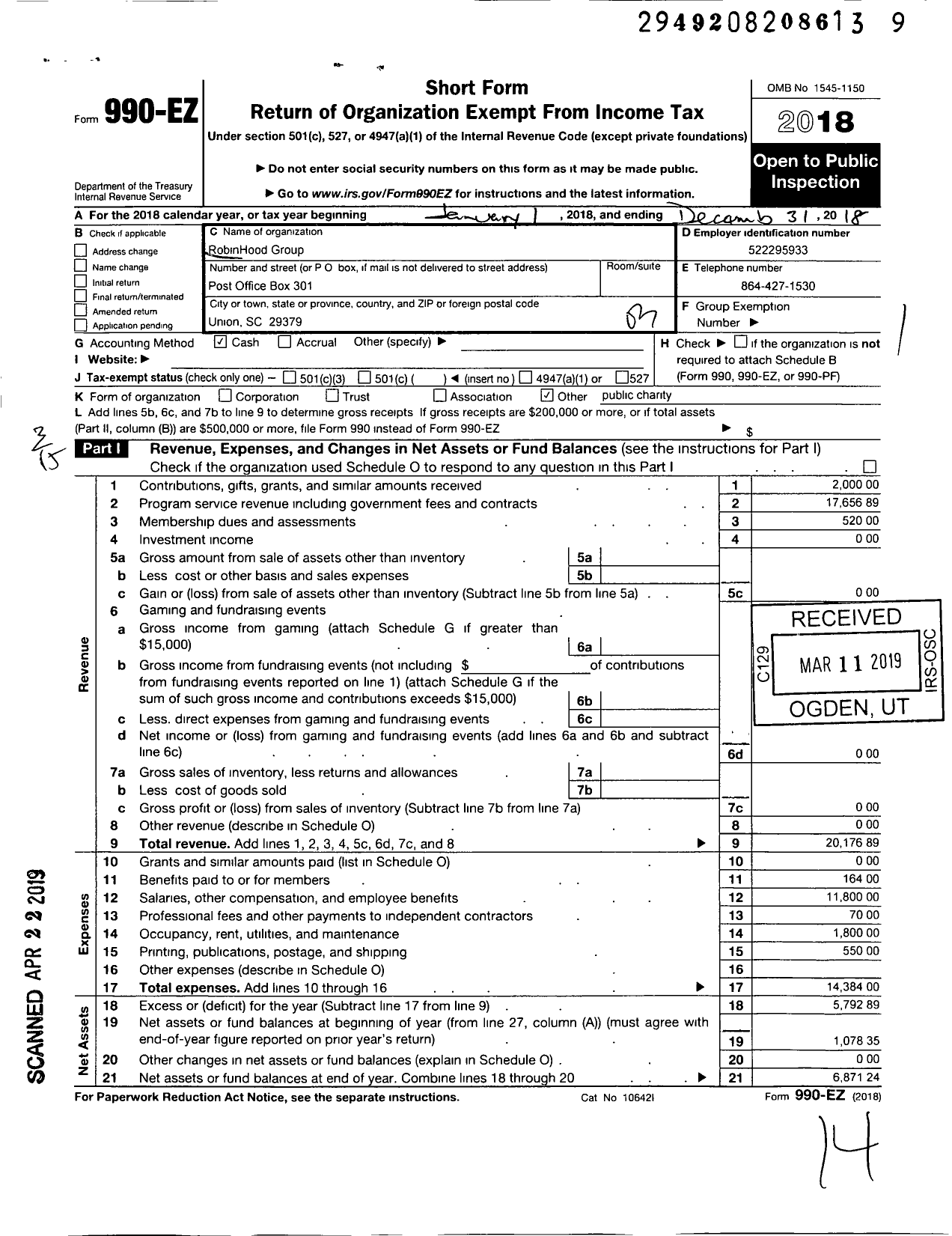 Image of first page of 2018 Form 990EZ for Robinhood Group