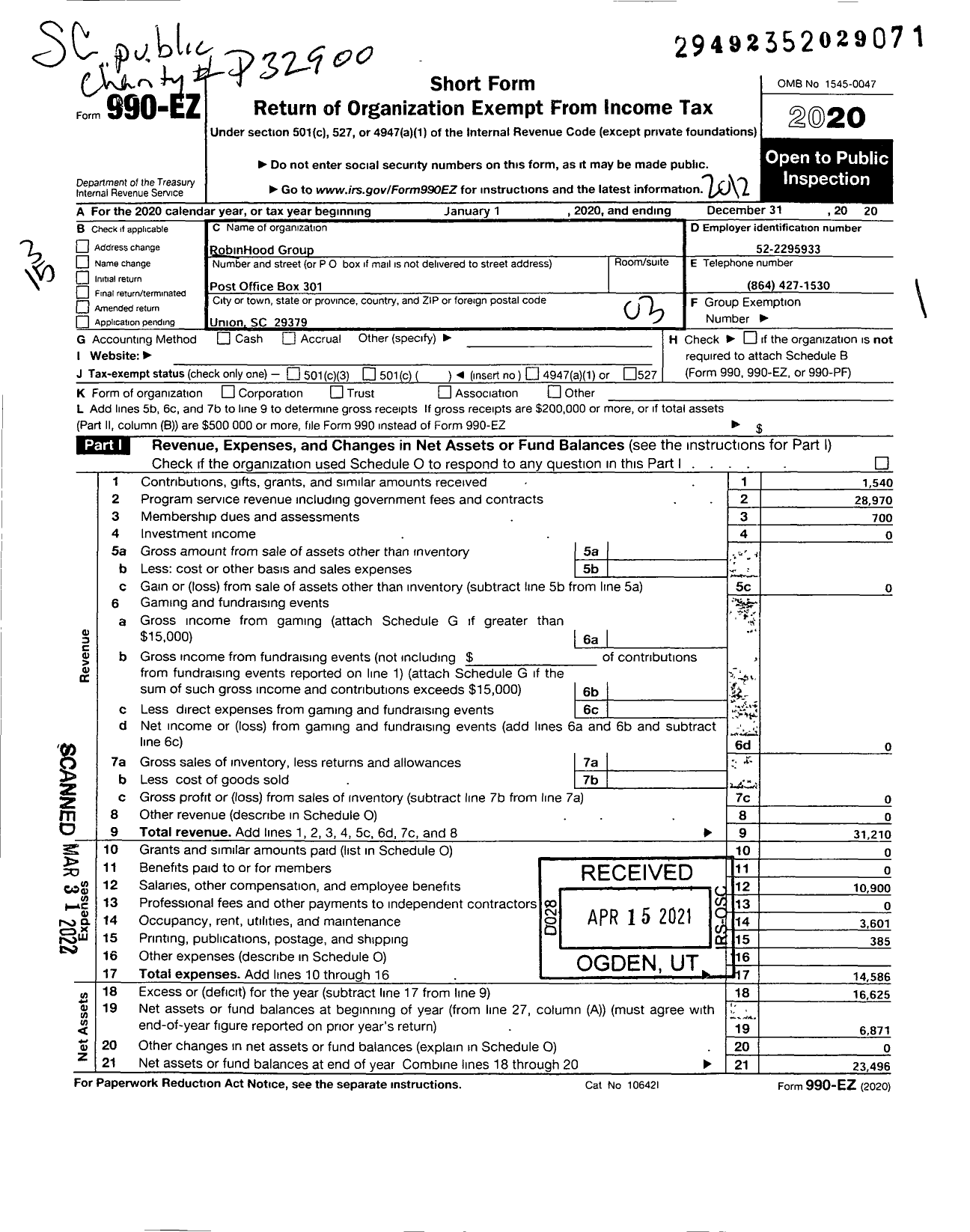 Image of first page of 2020 Form 990EZ for Robinhood Group