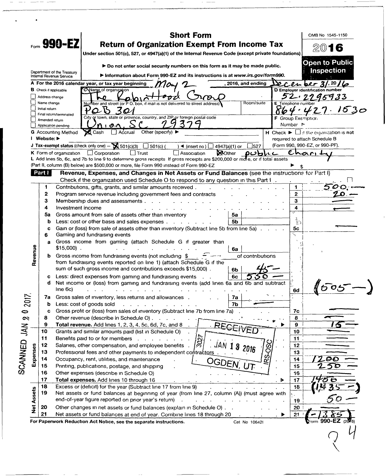 Image of first page of 2016 Form 990EZ for Robinhood Group