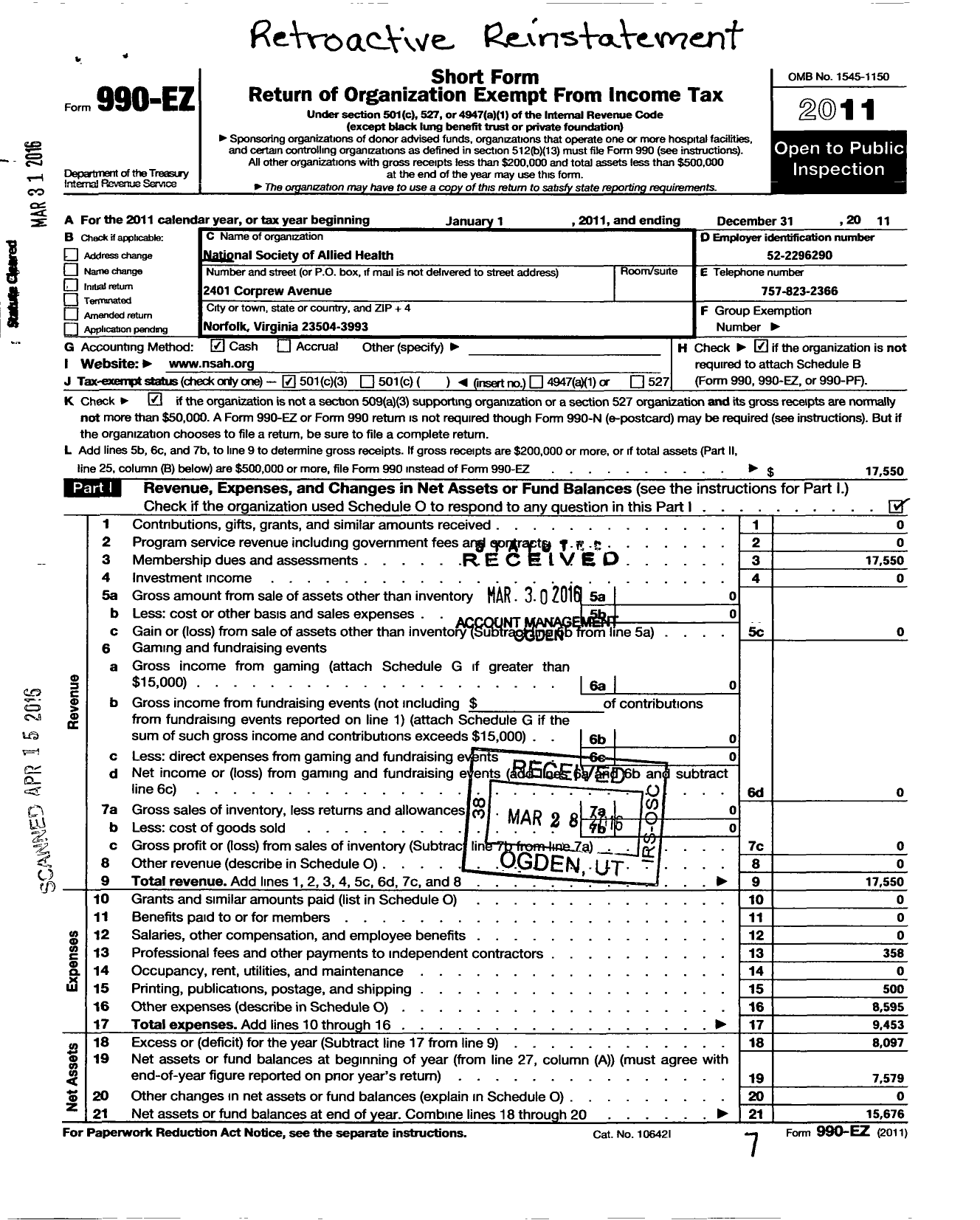 Image of first page of 2011 Form 990EZ for National Society of Allied Health