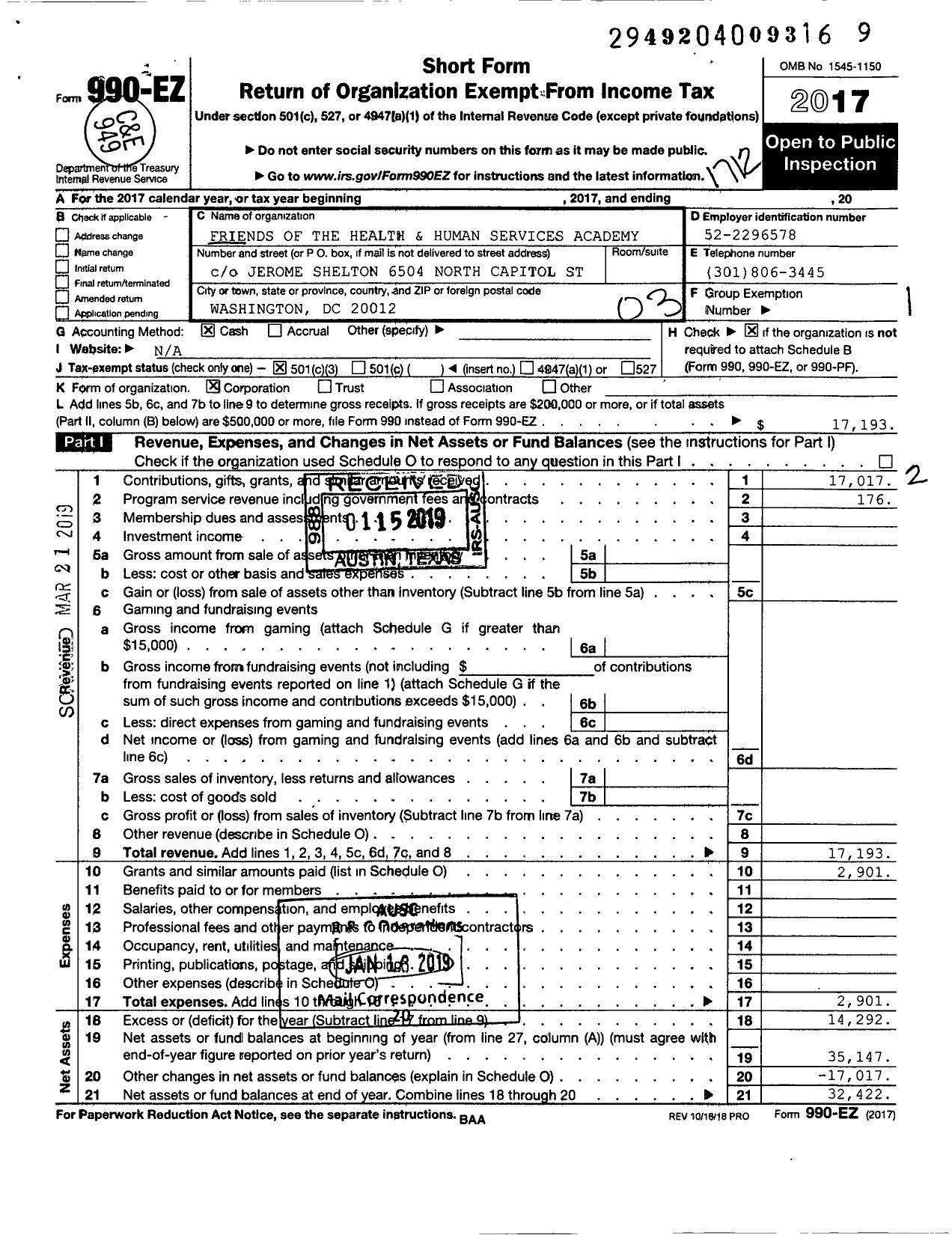 Image of first page of 2017 Form 990EZ for Friends of the Health and Human Services Academy