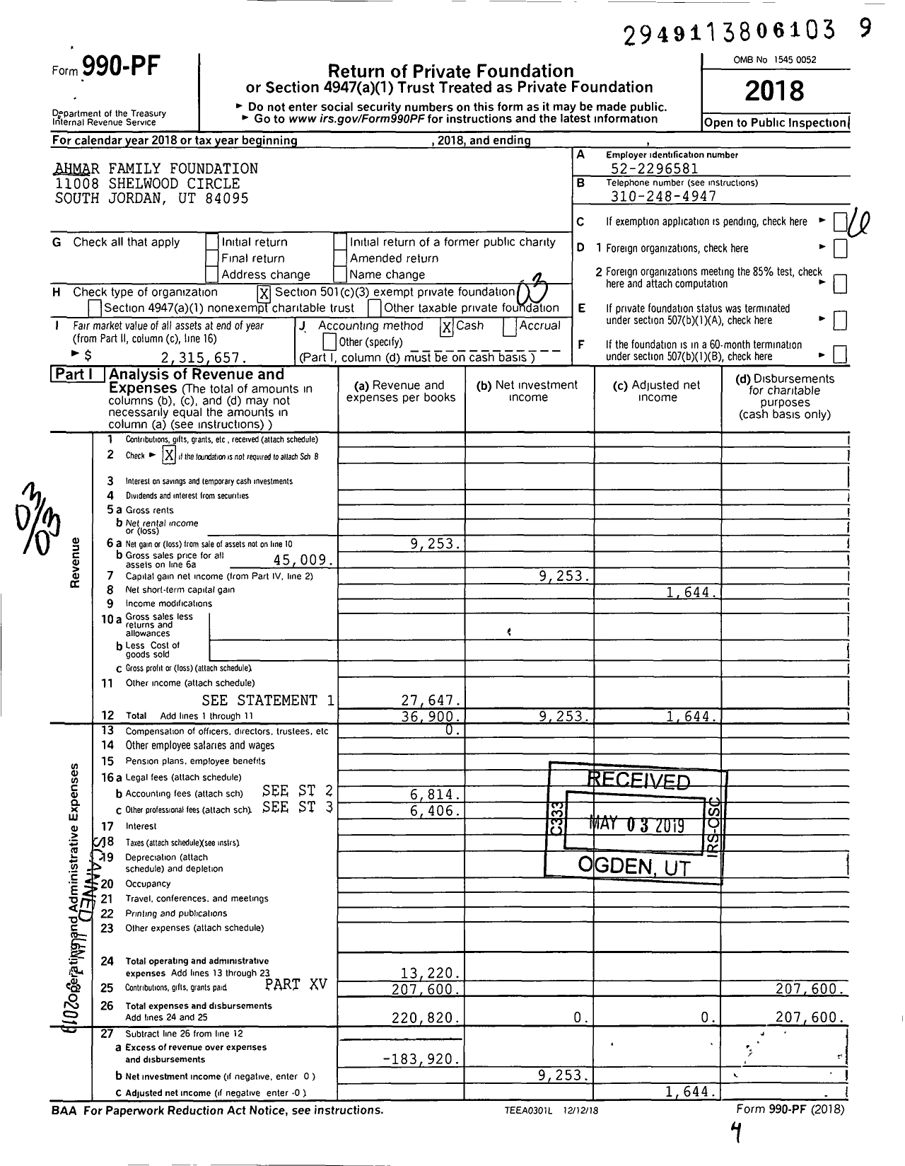 Image of first page of 2018 Form 990PF for Ahmar Family Foundation