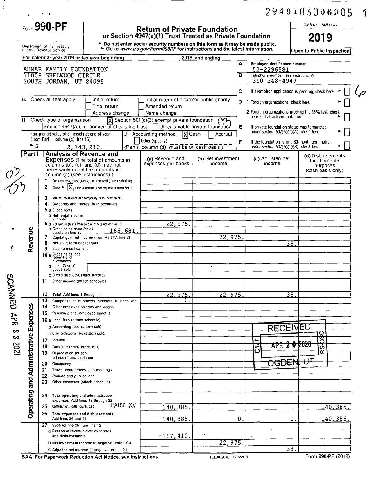 Image of first page of 2019 Form 990PF for Ahmar Family Foundation