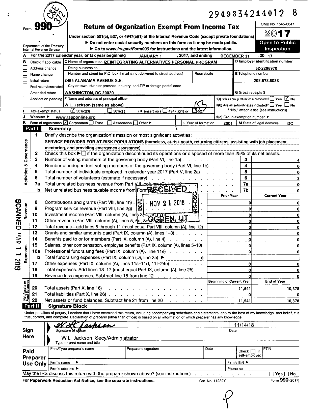 Image of first page of 2017 Form 990 for Reintegrating Alternatives Personal Program