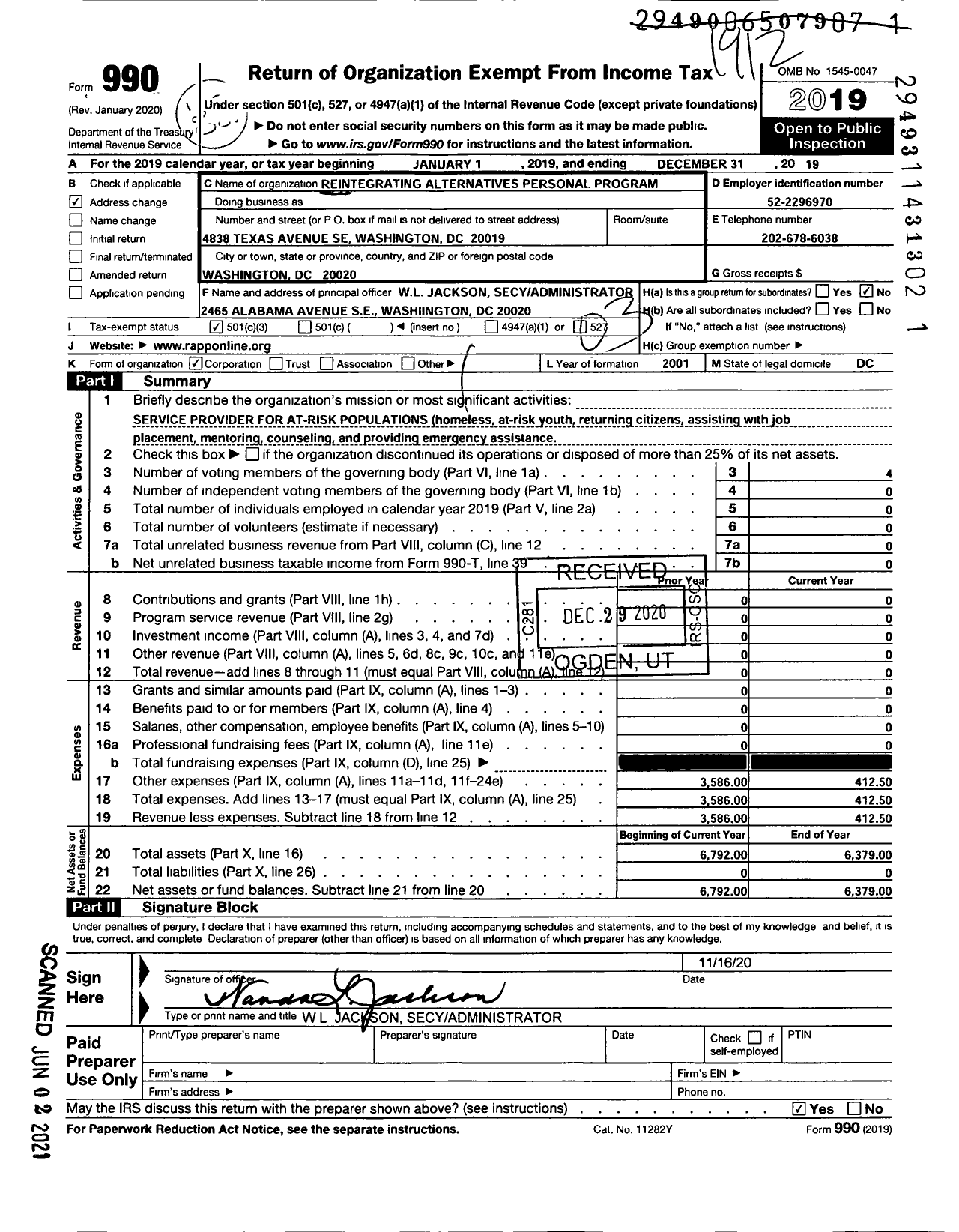 Image of first page of 2019 Form 990 for Reintegrating Alternatives Personal Program