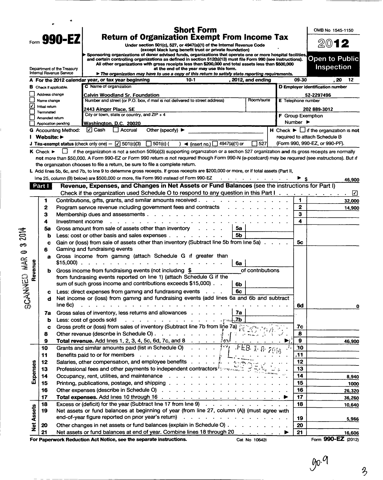 Image of first page of 2012 Form 990EZ for Calvin Woodland SR Foundation