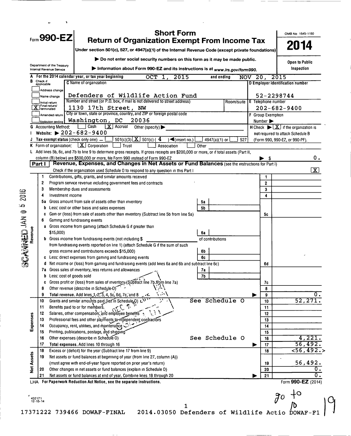 Image of first page of 2014 Form 990EO for Defenders of Wildlife Action Fund