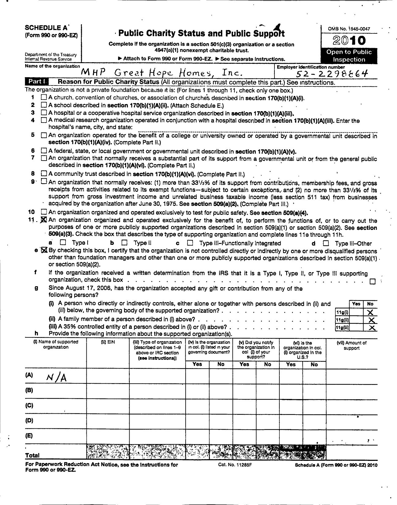 Image of first page of 2010 Form 990ER for MHP Great Hope Homes