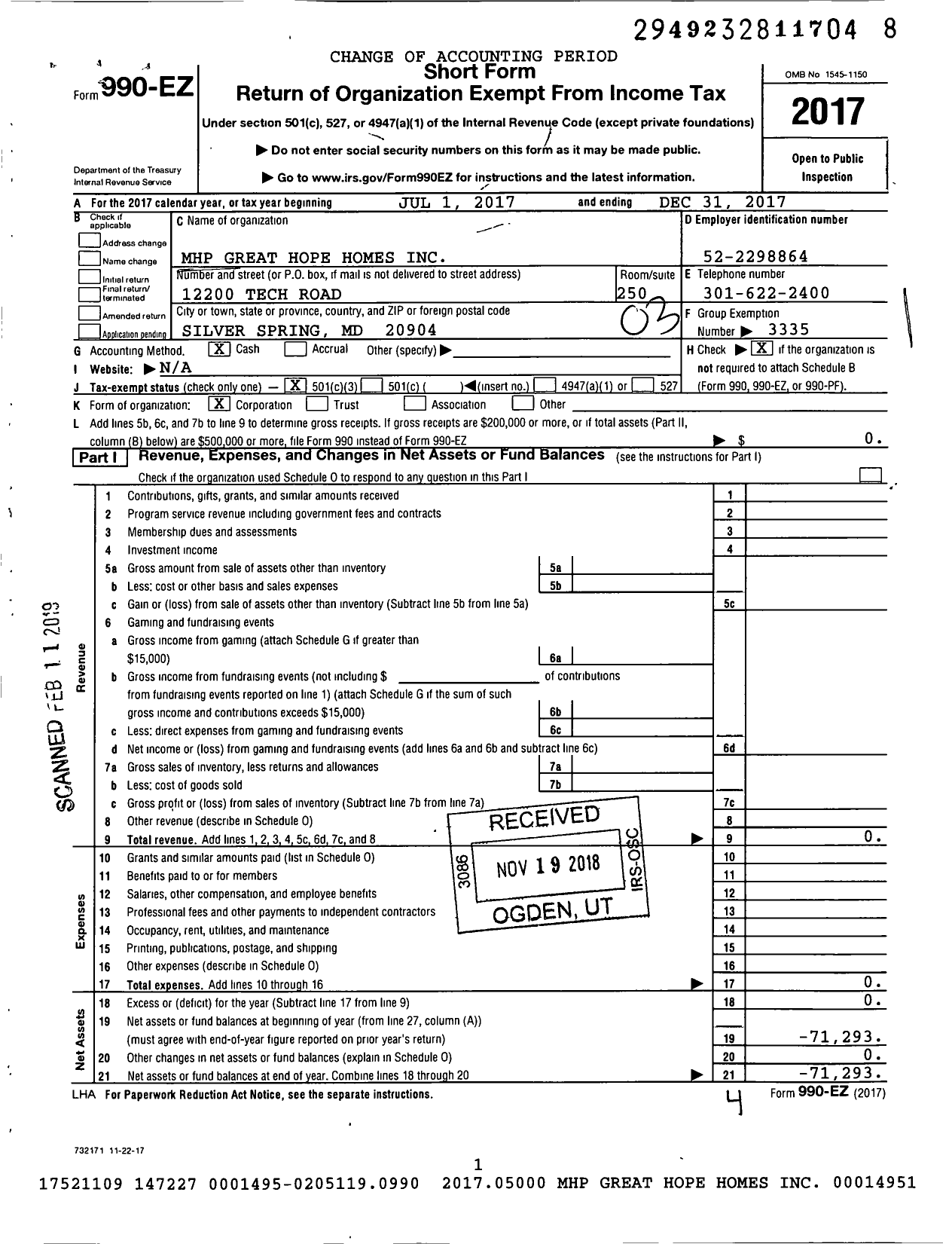 Image of first page of 2017 Form 990EZ for MHP Great Hope Homes