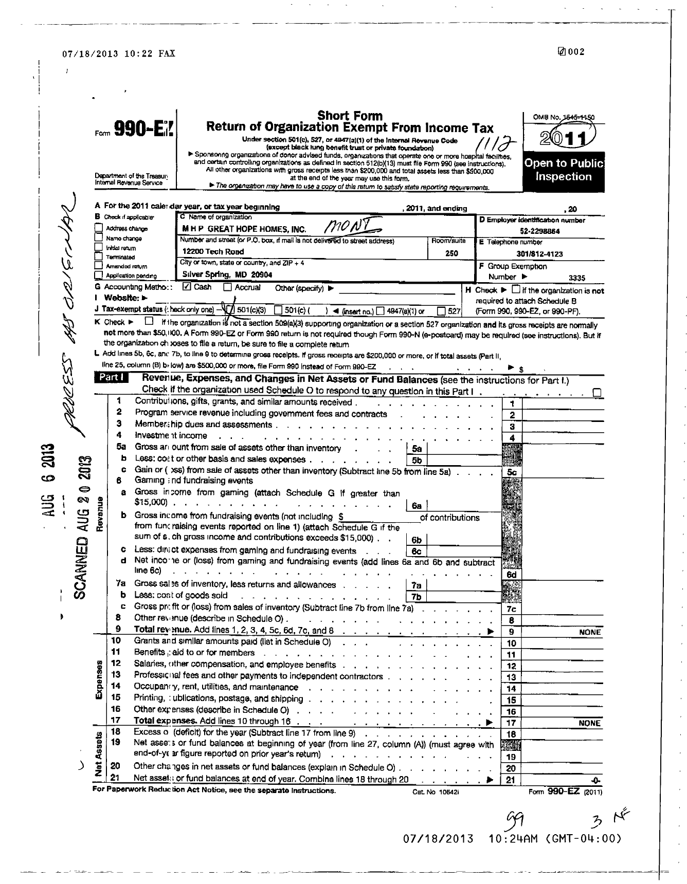 Image of first page of 2011 Form 990EZ for MHP Great Hope Homes