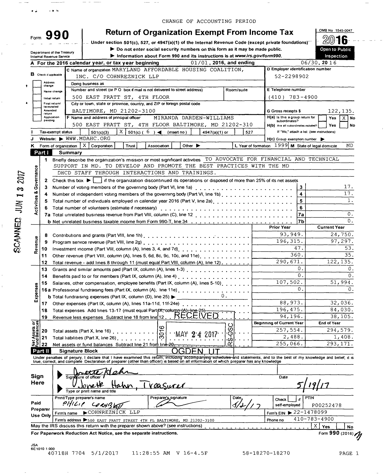 Image of first page of 2015 Form 990O for Maryland Affordable Housing Coalition