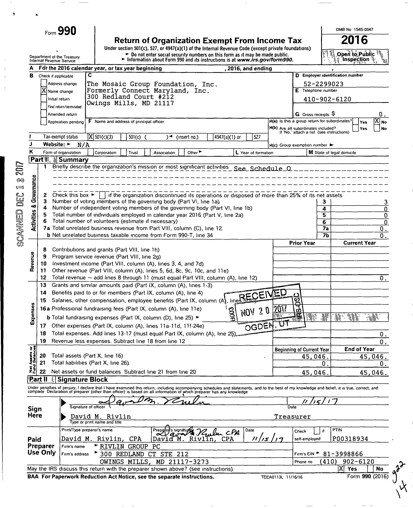 Image of first page of 2016 Form 990 for The Mosaic Group Foundation