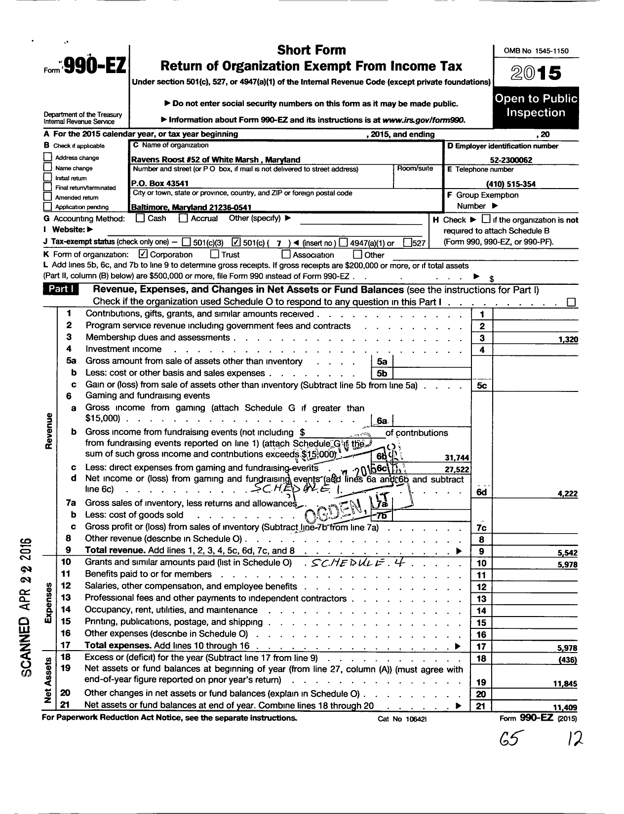 Image of first page of 2015 Form 990EO for Ravens Roost 52 of White Marsh Maryland