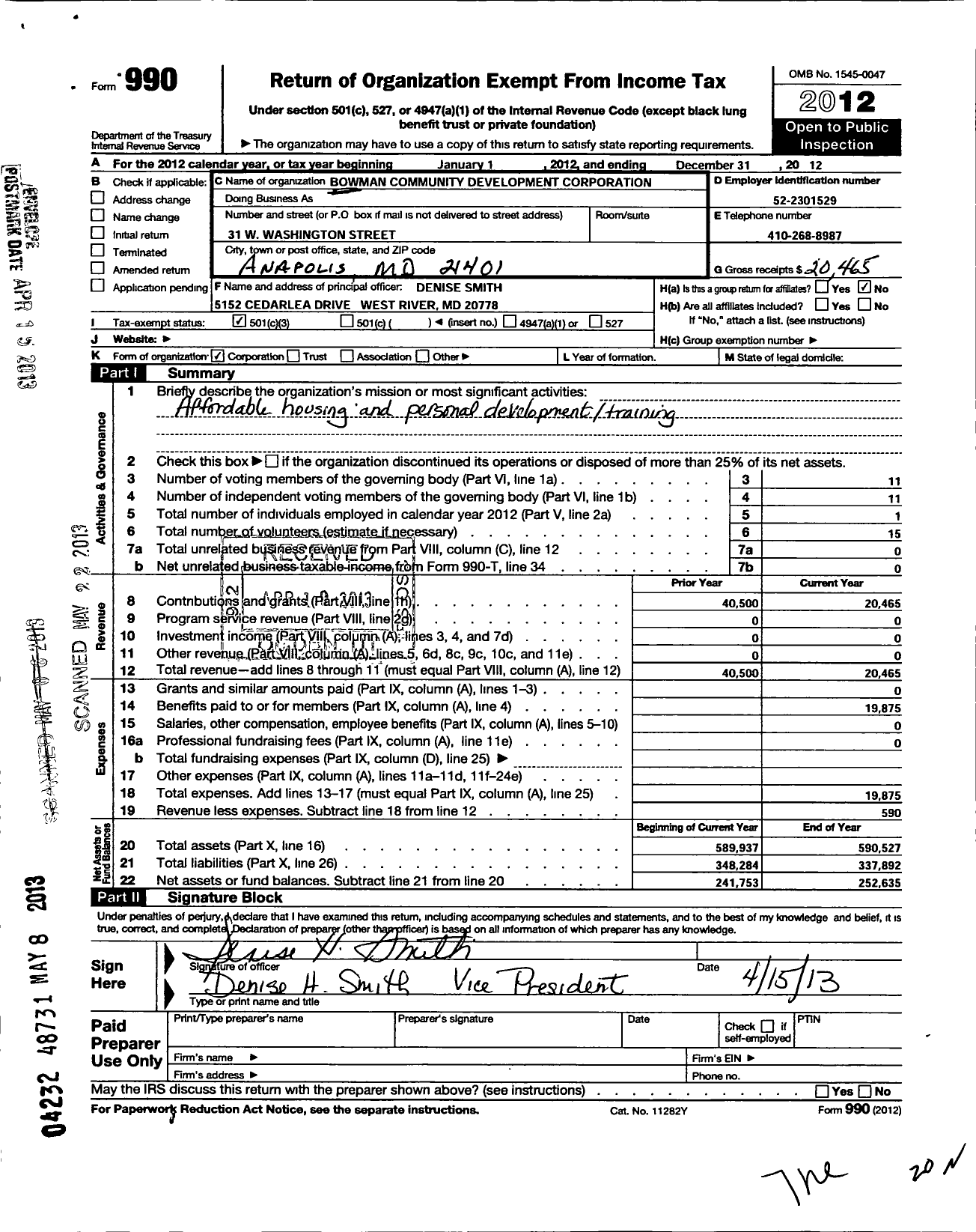 Image of first page of 2012 Form 990 for Bowman Community Development Corporation