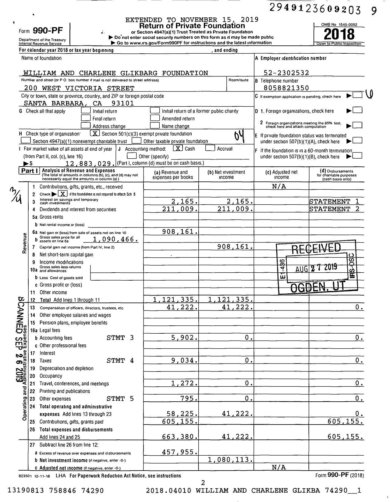 Image of first page of 2018 Form 990PF for William and Charlene Glikbarg Foundation