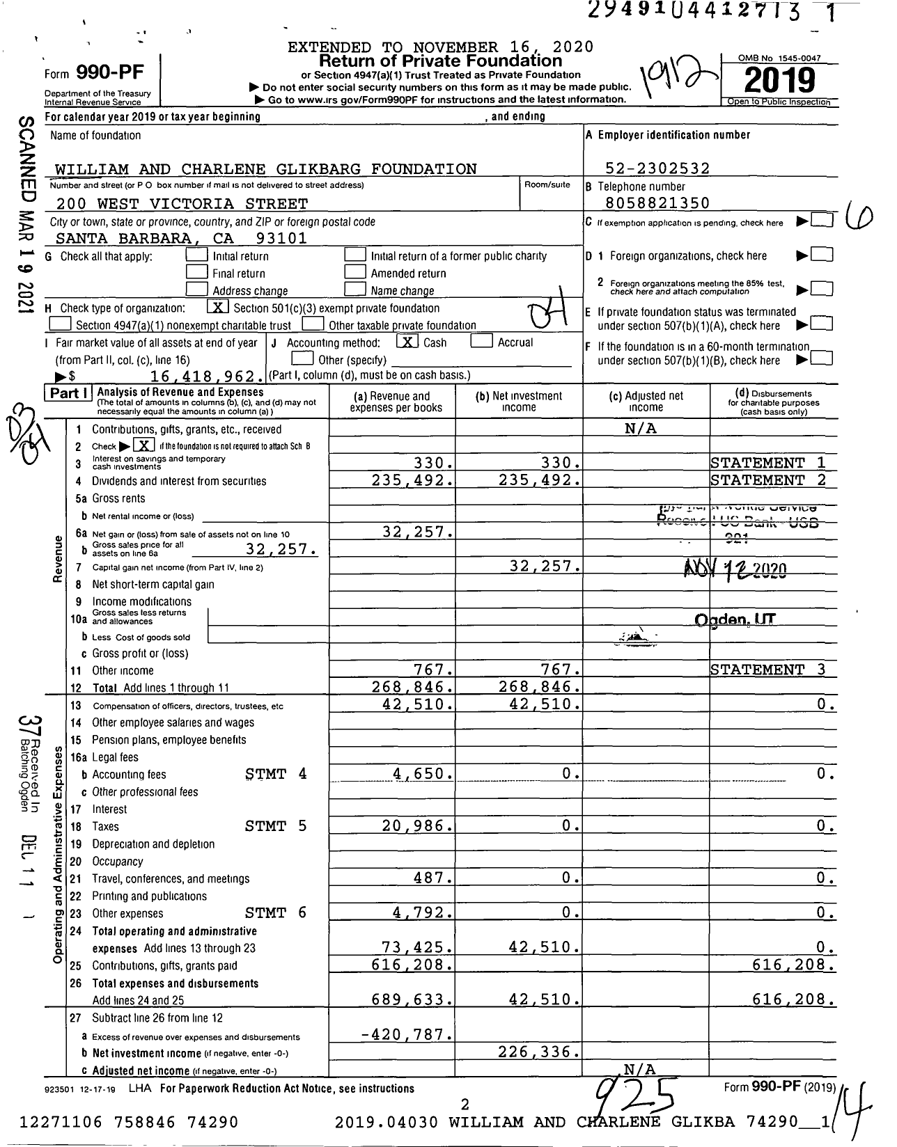 Image of first page of 2019 Form 990PF for William and Charlene Glikbarg Foundation