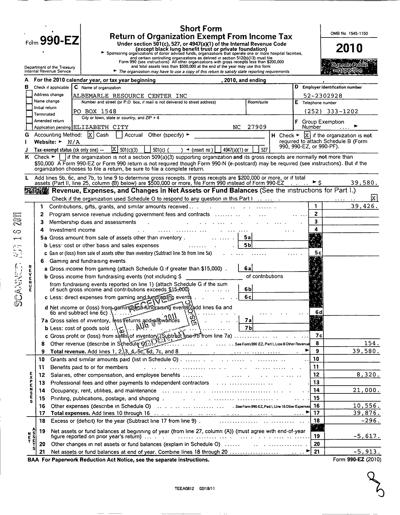 Image of first page of 2010 Form 990EZ for Albemarle Resource Center
