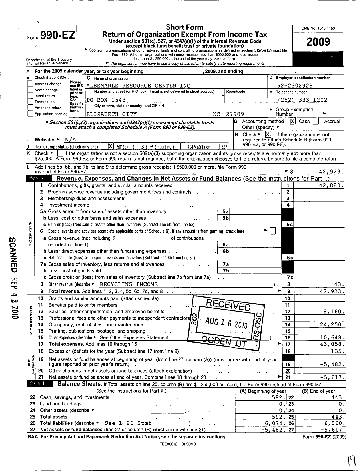 Image of first page of 2009 Form 990EZ for Albemarle Resource Center