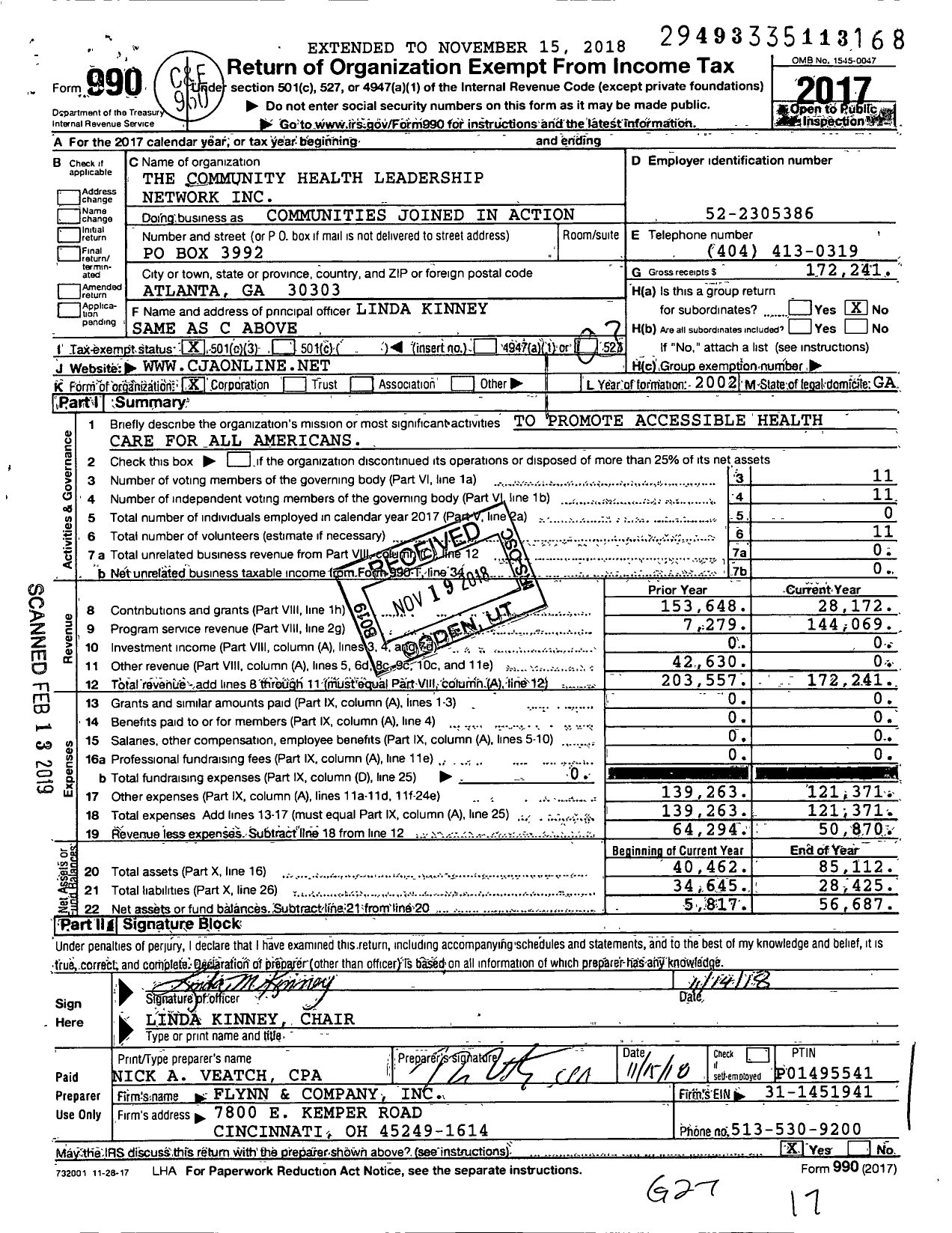 Image of first page of 2017 Form 990 for Communities Joined in Action