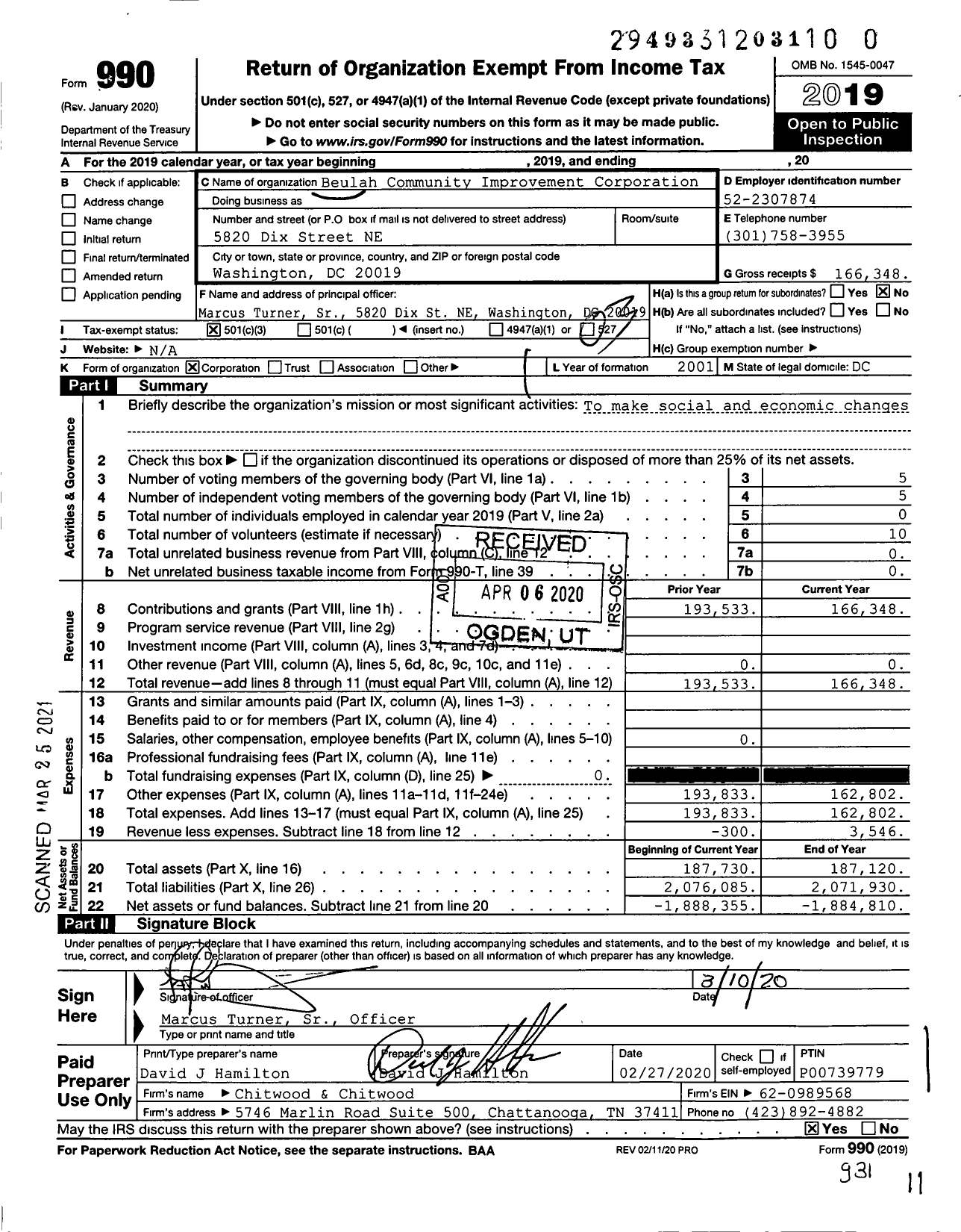 Image of first page of 2019 Form 990 for Beulah Community Improvement Corporation