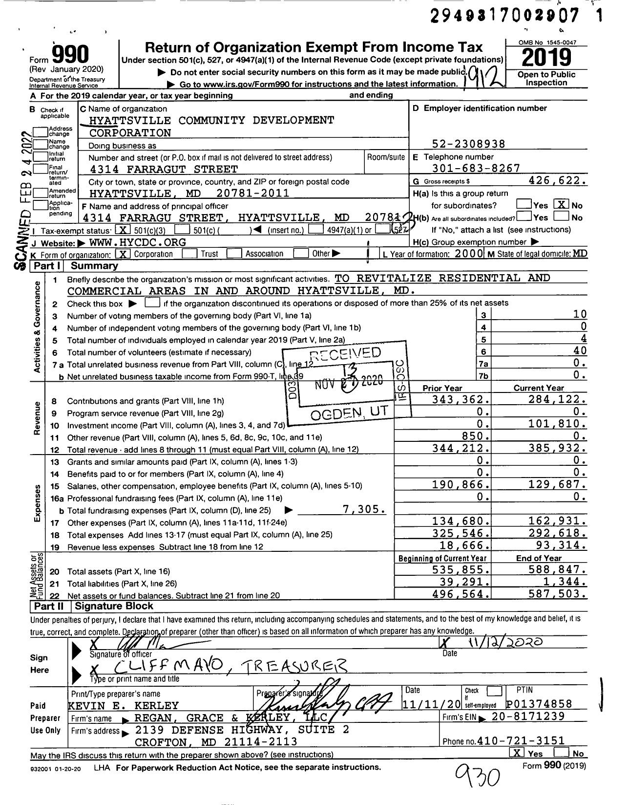 Image of first page of 2019 Form 990 for Hyattsville Community Development Corporation