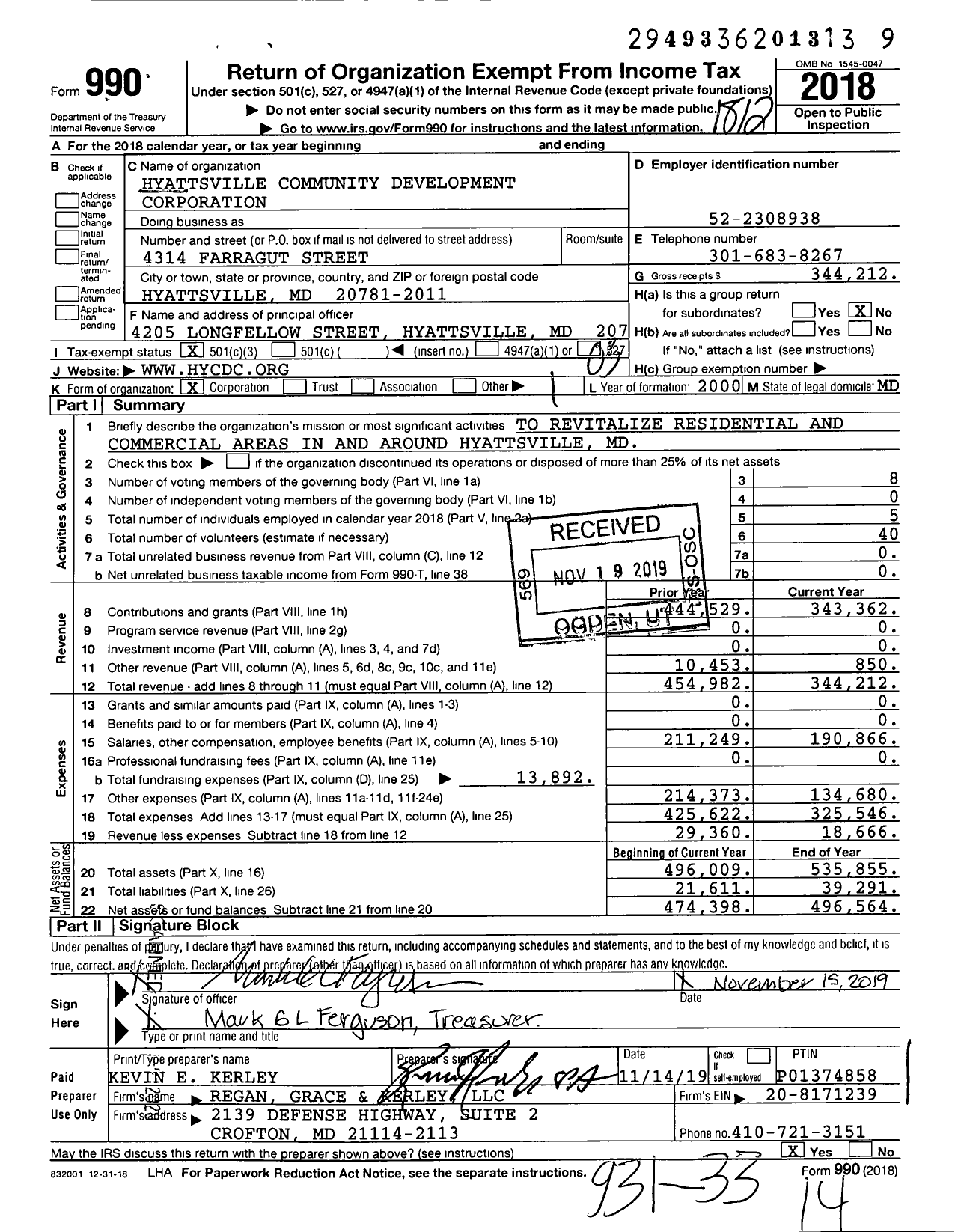 Image of first page of 2018 Form 990 for Hyattsville Community Development Corporation