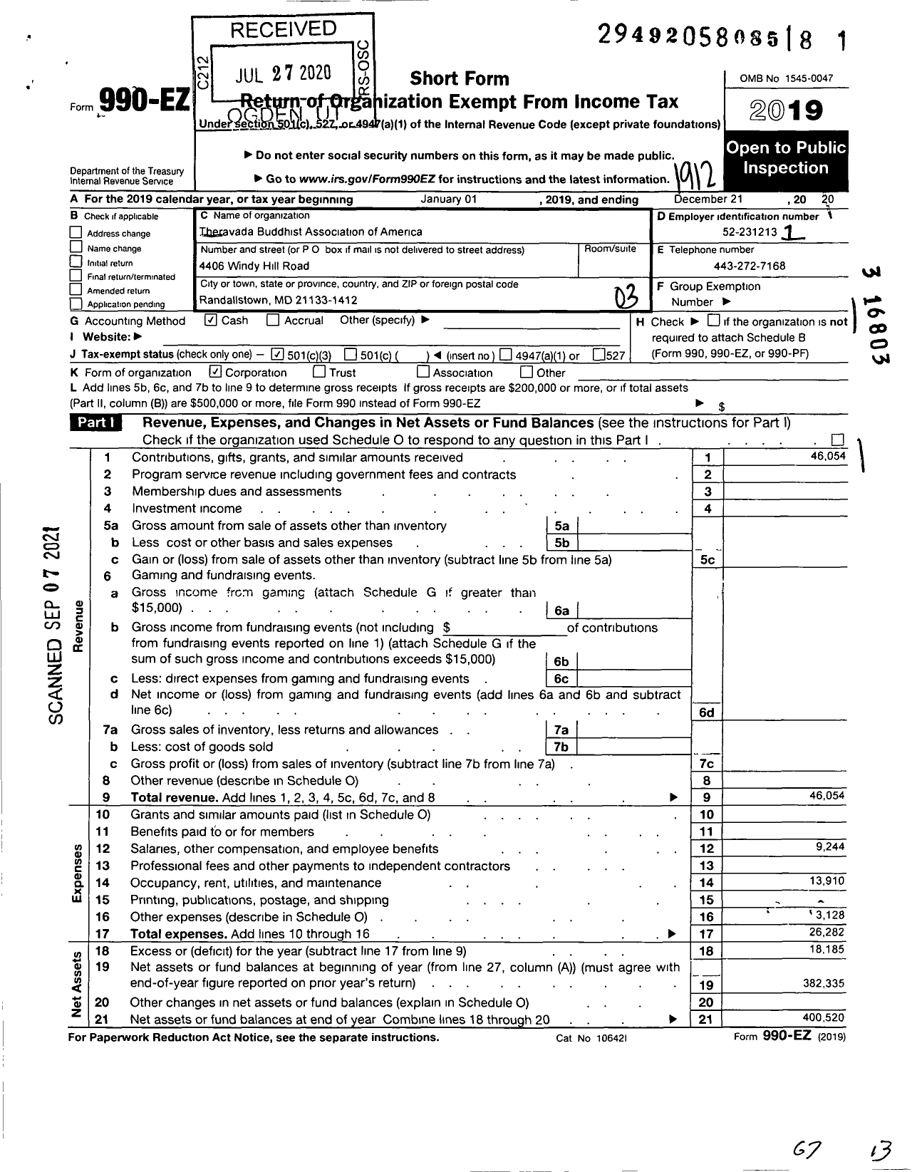 Image of first page of 2019 Form 990EZ for Theravada Buddhist Association of America