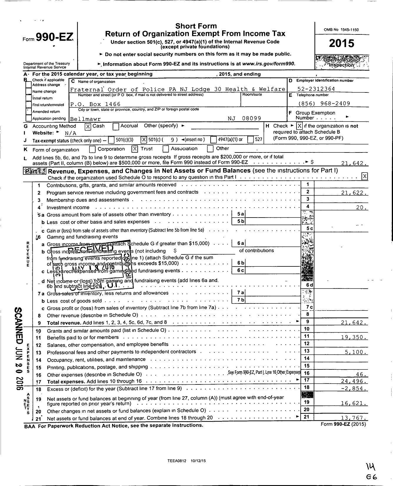 Image of first page of 2015 Form 990EO for Fraternal Order of Police Penn Jersey Lodge 30 Health and Welfare