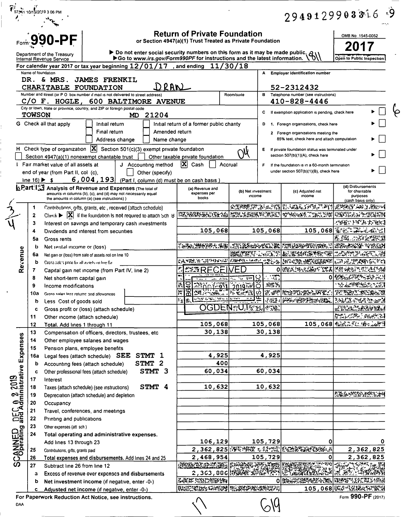 Image of first page of 2017 Form 990PF for Dr and MRS James Frenkil Charitable Foundation