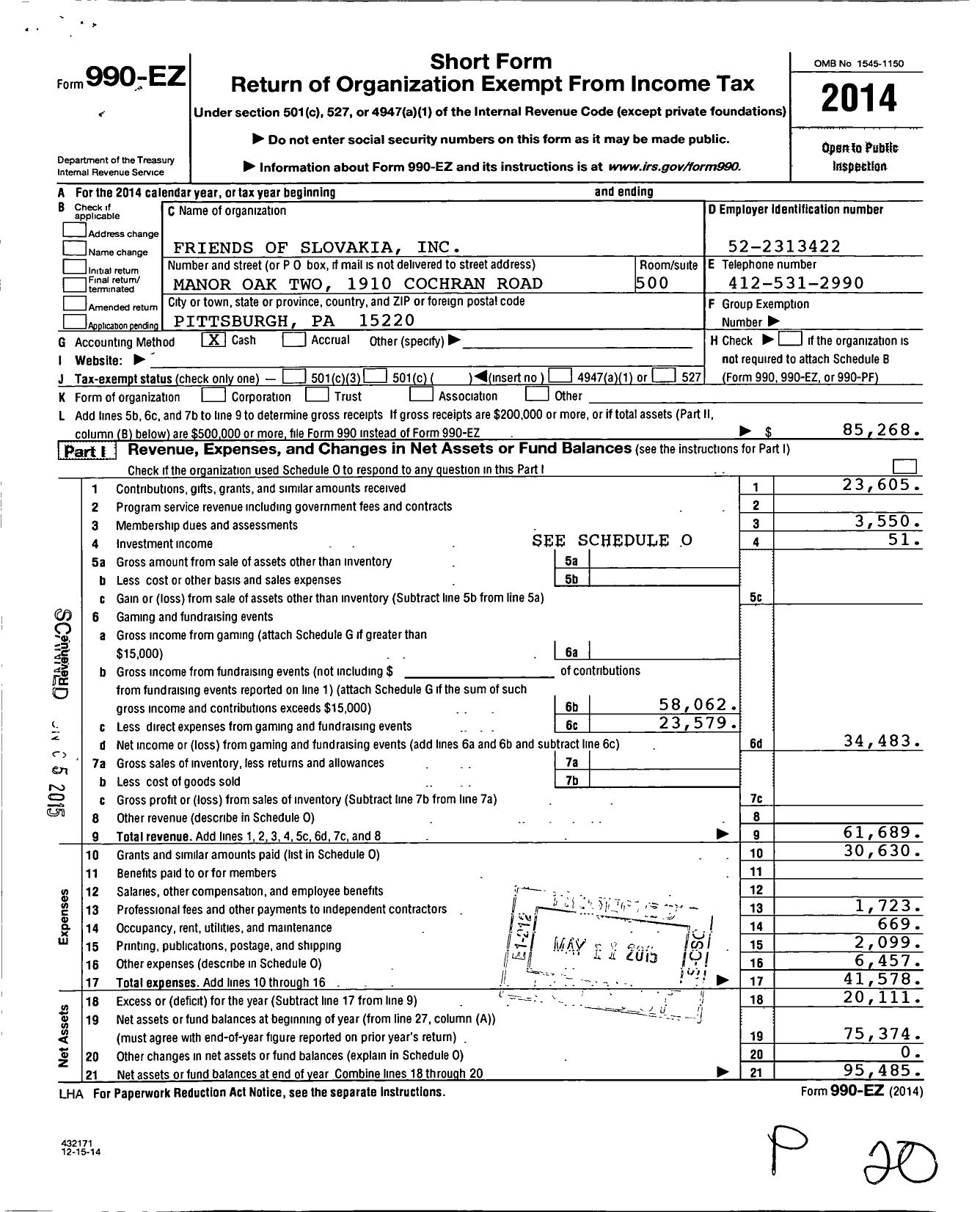 Image of first page of 2014 Form 990EO for Friends of Slovakia